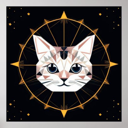 幾何学模様の猫デザインで囲まれた金ゴールド星 ポスター (正面)