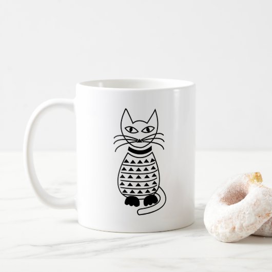 幾何学模様の猫 黒と白 コーヒーマグカップ (ドーナツ)