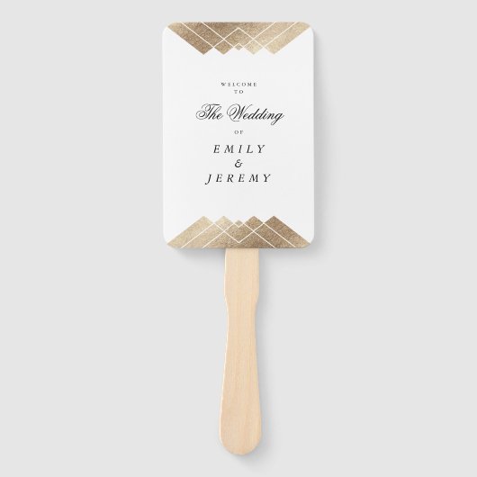 幾何学模様の白い金ゴールド結婚ギャツビー ハンドファン (正面)