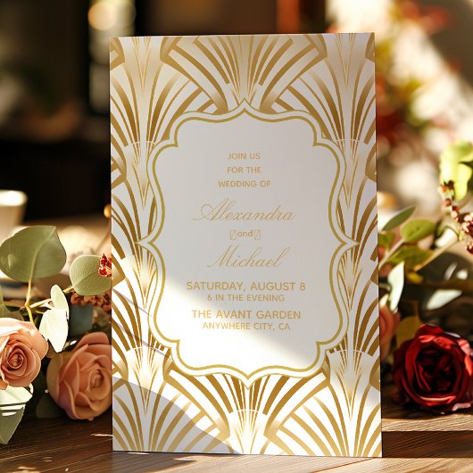 幾何学模様の白い金ゴールド結婚ギャツビー 招待状