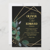 幾何学模様の緑と葉金ゴールド結婚の数 招待状 (正面)