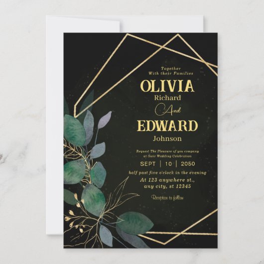 幾何学模様の緑と葉金ゴールド結婚の数 招待状 (正面)