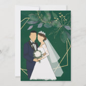 幾何学模様の緑と葉金ゴールド結婚の数 招待状 (裏面)