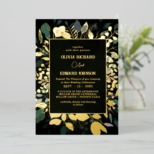 幾何学模様の緑と金ゴールドの葉の金ゴールド 箔招待状 (立ち正面)