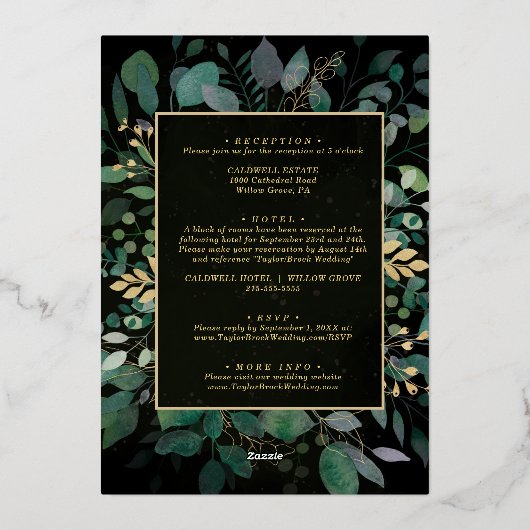 幾何学模様の緑と金ゴールドの葉の金ゴールド 箔招待状 (裏面)