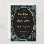 幾何学模様の緑と金ゴールド葉の黒色 招待状 (正面)