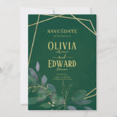 幾何学模様の緑と金ゴールド葉 セーブザデート (正面)