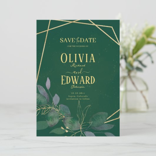 幾何学模様の緑と金ゴールド葉 セーブザデート (スタンド正面)