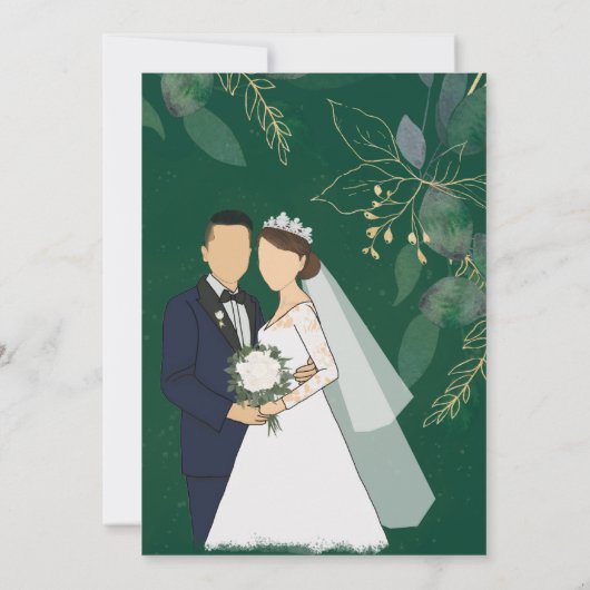 幾何学模様の緑と金ゴールド葉 セーブザデート (裏面)