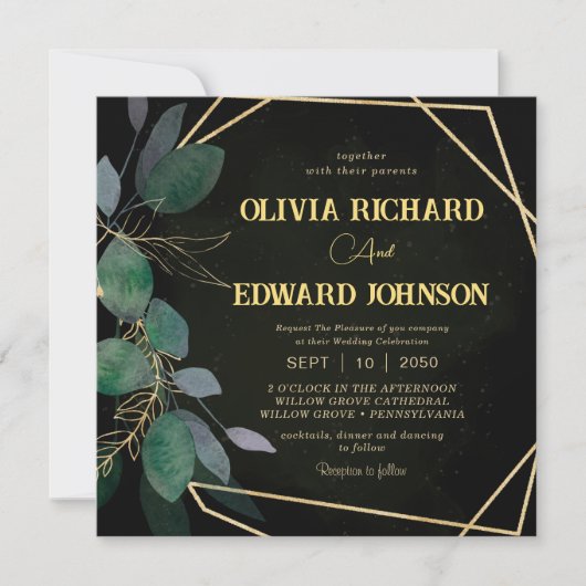 幾何学模様の緑離れの金ゴールドと黒の正方形 招待状 (正面)