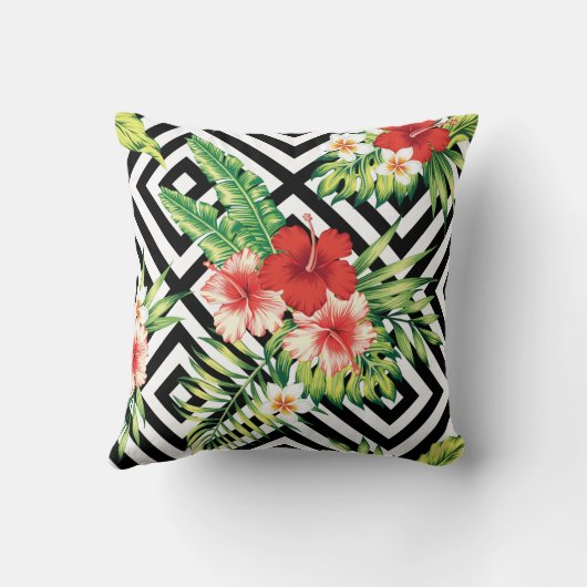 幾何学模様の背景とカラフル熱帯の花 クッション (裏面)