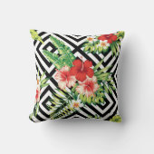 幾何学模様の背景とカラフル熱帯の花 クッション (正面)