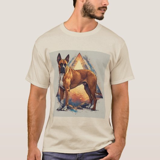 幾何学模様の背景のボクサー犬 Tシャツ (正面)