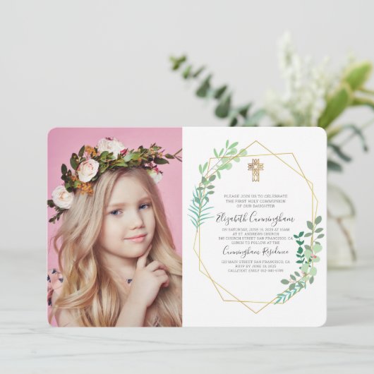 幾何学模様の葉のクロスフォトコミューニオン招待状 招待状 (スタンド正面)