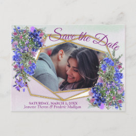 幾何学模様の金ゴールドとラベンダーの花の保存日付 案内ポストカード