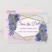 幾何学模様の金ゴールドとラベンダーの花の保存日付 案内ポストカード (正面/裏面)