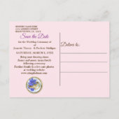 幾何学模様の金ゴールドとラベンダーの花の保存日付 案内ポストカード (裏面)