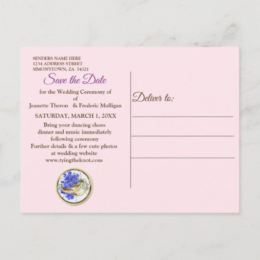 幾何学模様の金ゴールドとラベンダーの花の保存日付 案内ポストカード (裏面)