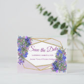 幾何学模様の金ゴールドとラベンダーの花の保存日付 案内ポストカード (スタンド正面)