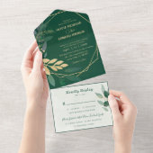 幾何学模様の金ゴールドと緑(Rsvp付結婚) オールインワン招待状 (貼ってはがせる)