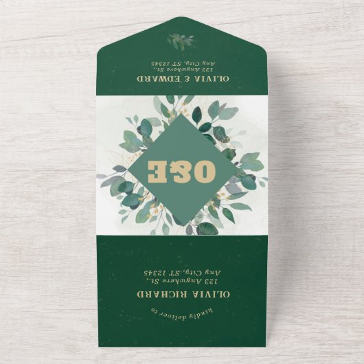 幾何学模様の金ゴールドと緑(Rsvp付結婚) オールインワン招待状 (外側)