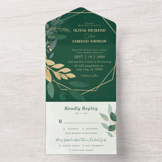 幾何学模様の金ゴールドと緑(Rsvp付結婚) オールインワン招待状 (内側)