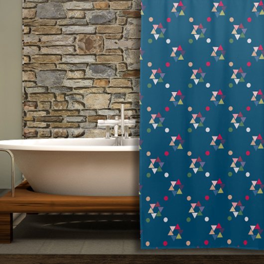 幾何学模様の青いシャワーカーテン シャワーカーテン