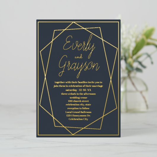 幾何学模様の青い光と金ゴールド結婚の 箔招待状 (立ち正面)