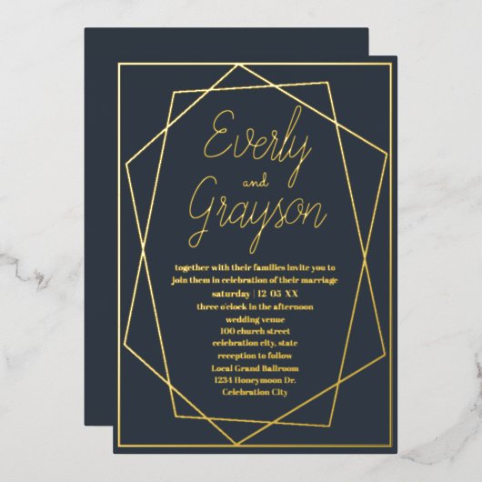 幾何学模様の青い光と金ゴールド結婚の 箔招待状 (正面/裏面)