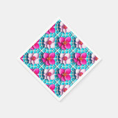 幾何学模様の青い背景にピンクの花 スタンダードカクテルナプキン (角)