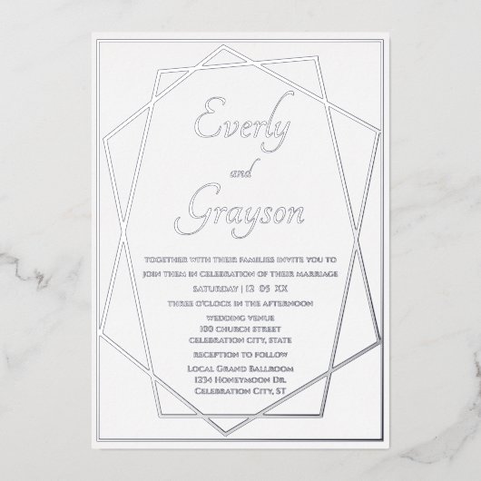 幾何学模様の青と銀結婚色 箔招待状 (正面)