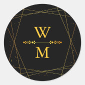 幾何学模様の黒と金のモノグラム ウェディングファーバー ラウンドシール (正面)