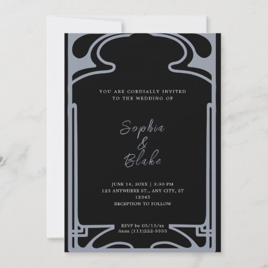 幾何学模様の黒と銀のアールデコ結婚の 招待状 (正面)