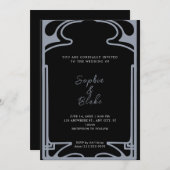 幾何学模様の黒と銀のアールデコ結婚の 招待状 (正面/裏面)