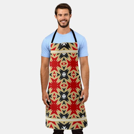 幾何学模様カラフル付きオーナメント、シルクネ エプロン (着用した状態)