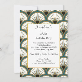幾何学模様グリーンホワイトアートデコ50th誕生日パーティー 招待状