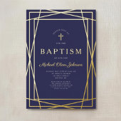 幾何学模様ネイビーブルーボーイバプテスマ金ゴールド 箔招待状
