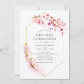 幾何学模様ピンクさくらんぼ開花第1聖餐式 招待状 (正面)