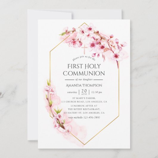 幾何学模様ピンクさくらんぼ開花第1聖餐式 招待状 (正面)