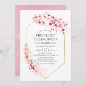 幾何学模様ピンクさくらんぼ開花第1聖餐式 招待状 (正面/裏面)