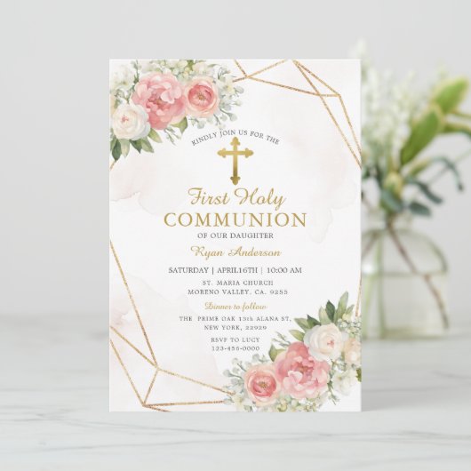 幾何学模様ピンクのバラの最初の聖餐式 招待状 (スタンド正面)