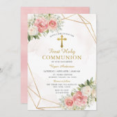 幾何学模様ピンクのバラの最初の聖餐式 招待状 (正面/裏面)