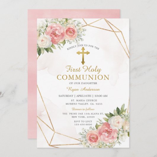 幾何学模様ピンクのバラの最初の聖餐式 招待状 (正面/裏面)