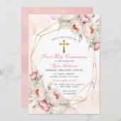 幾何学模様ピンクのフローラ最初の聖餐式 招待状 (正面/裏面)