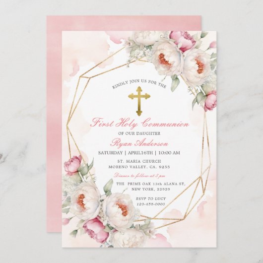 幾何学模様ピンクのフローラ最初の聖餐式 招待状 (正面/裏面)