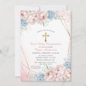 幾何学模様ピンクブルーバラファーストホーリーコミュニオン 招待状 (正面)