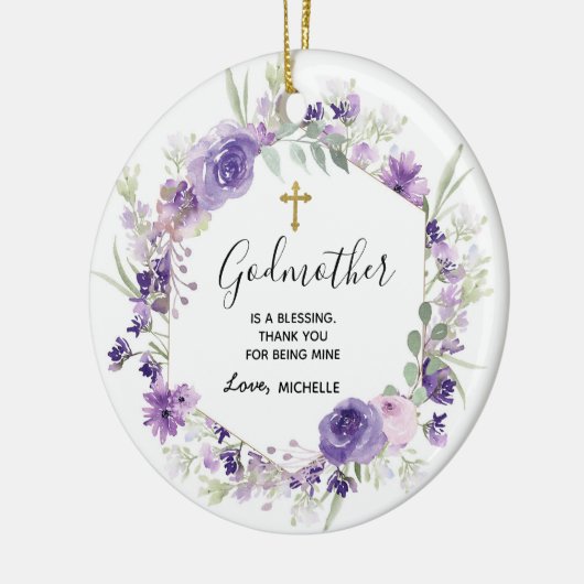 幾何学模様フローラパープルゴッドマザー記念 セラミックオーナメント (左)