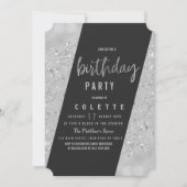 幾何学模様ブラックシルバーグリッターバースデーパーティー 招待状 (正面)