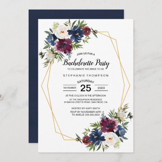 幾何学模様ブルゴーニュ海軍の花のバチェロレッテ 招待状 (正面/裏面)