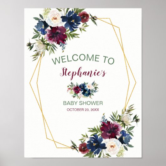幾何学模様ブルゴーニュ海軍の花ベビーシャワー ポスター (正面)